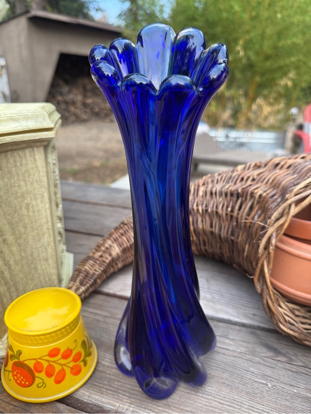 Cobalt Blue Fluted Art Glass Vase - Decorative Vase
